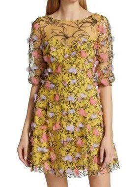 Marchesa Notte size 12 cocktail dress short embroidered tulle yellow fit & flare